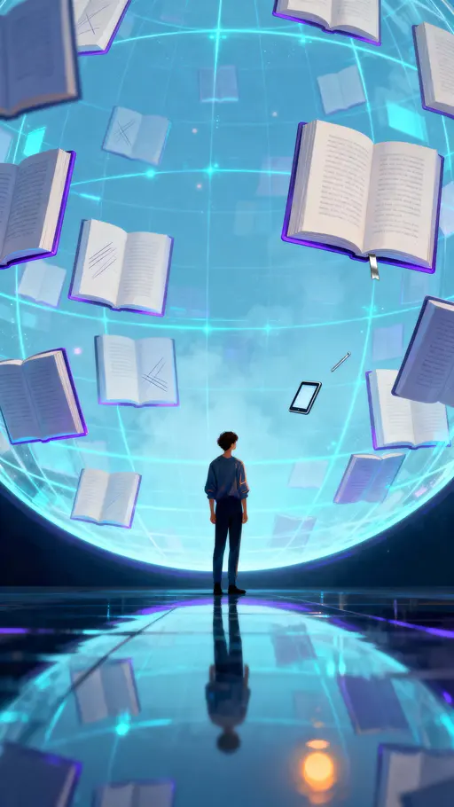 Person among holographic pages in sphere