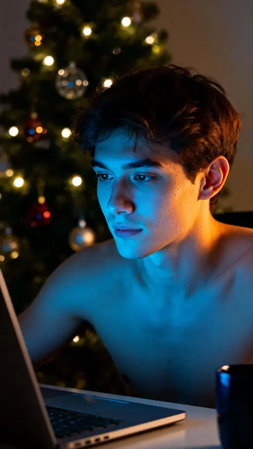Person at Desk, dual-light Christmas portrait