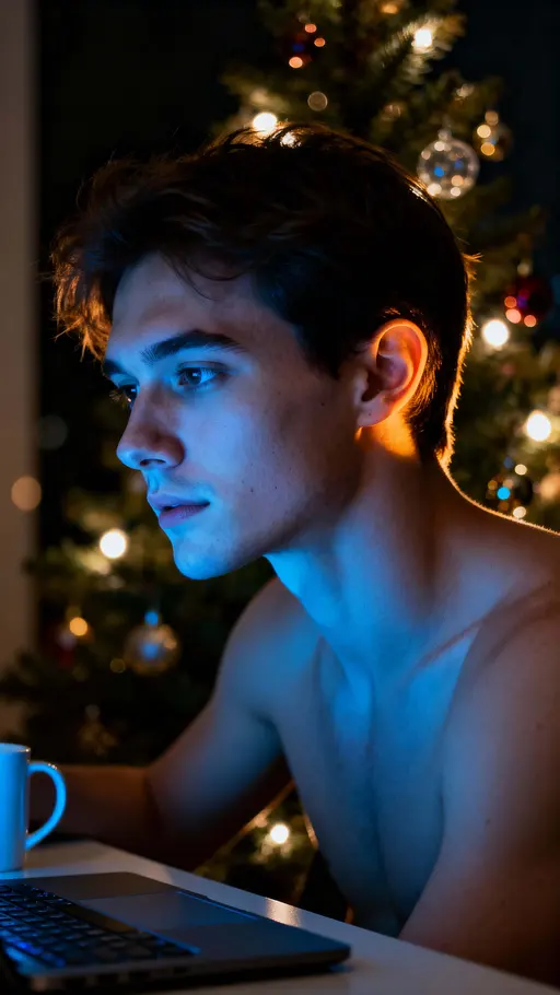 Person at Desk, dual-light Christmas portrait