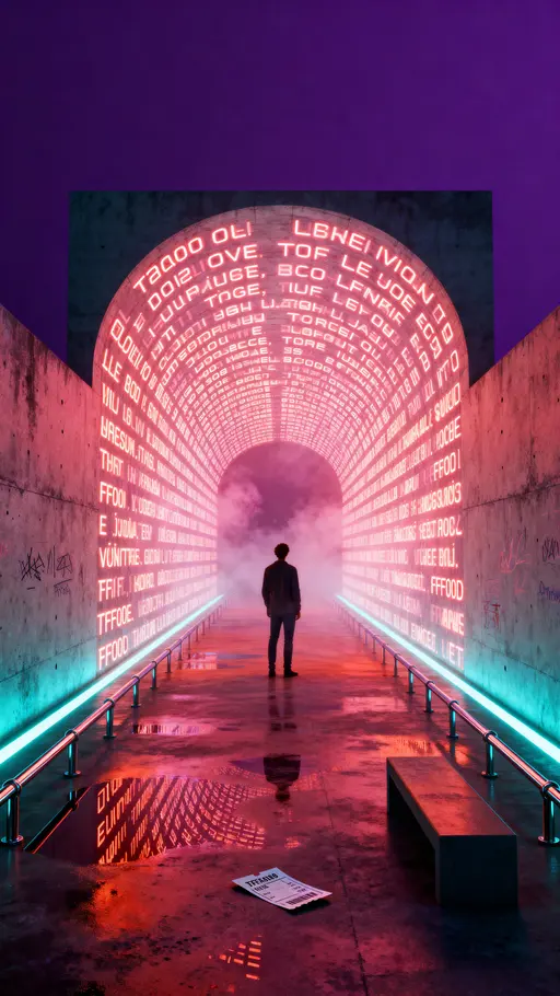Person at neon-text tunnel entrance