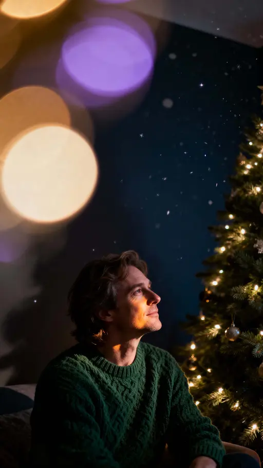 Person by Christmas tree, dreamy vertical