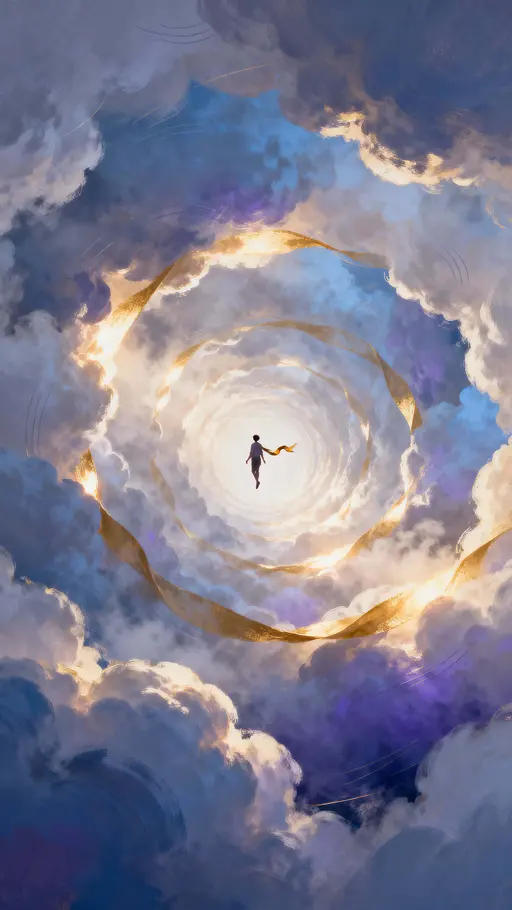 Person drifting through glowing cloud tunnel