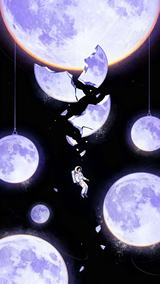 Person Floating Near Fractured Moon Pieces