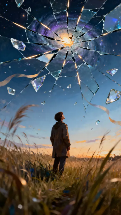 Person in meadow with cracked sky