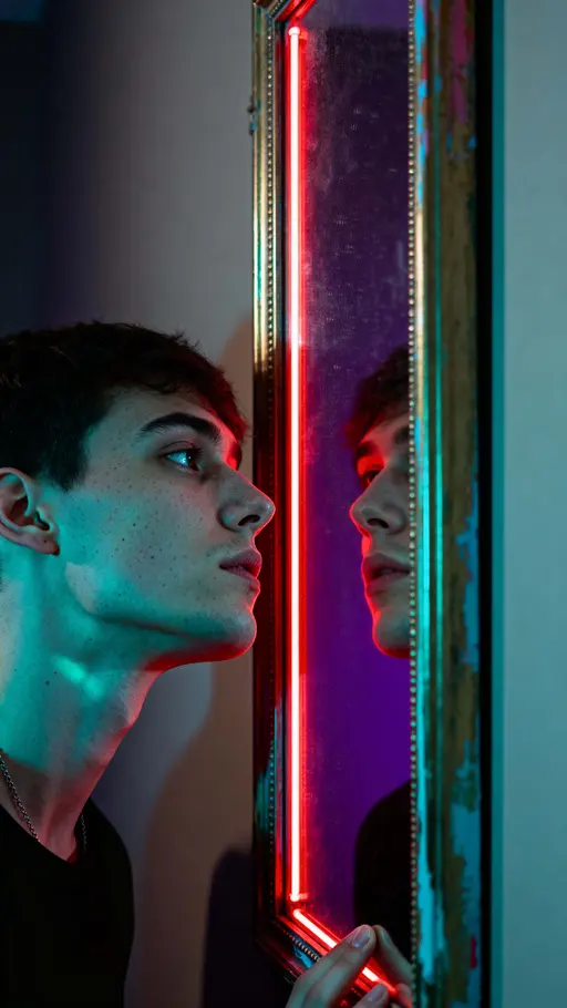 Person leaning toward mirror