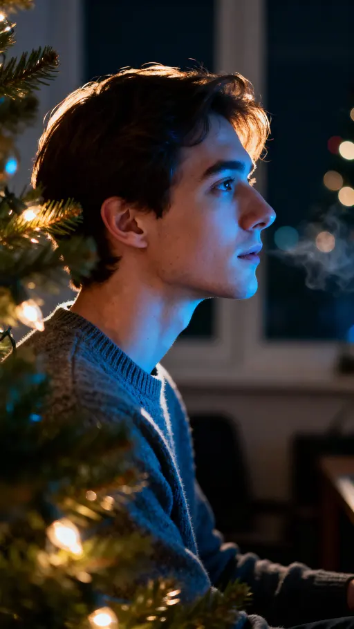 Person side-profile cinematic holiday contrast