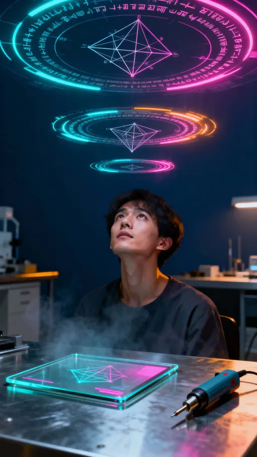 Person with floating thought diagrams in lab