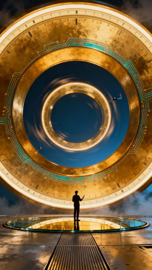 Person within concentric golden data-rings