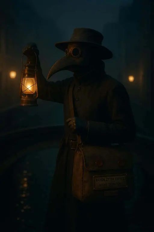 Plague-doctor Courier on Canal Bridge