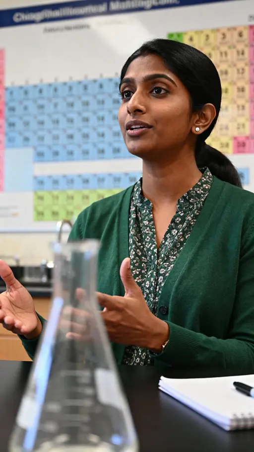 Priya high-school chemistry teacher, half-body