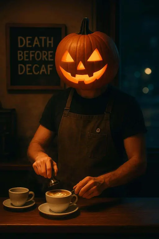 Pumpkin-head barista behind counter