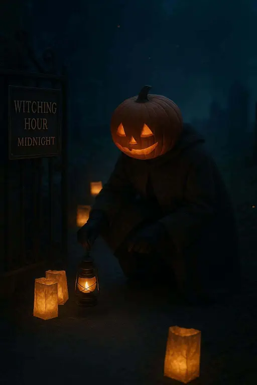 Pumpkin-head caretaker placing luminaries