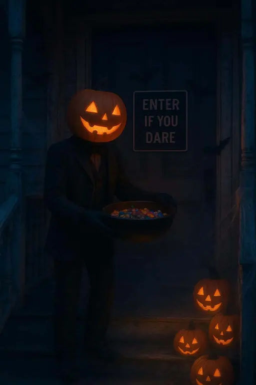 Pumpkin-head door greeter on porch