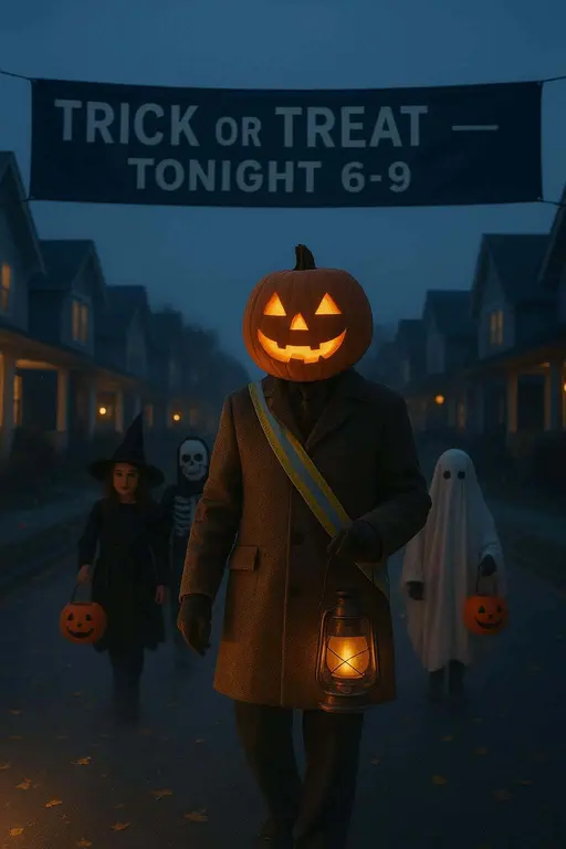 Pumpkin-head parade marshal leading procession