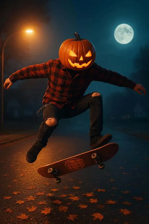 Pumpkin-head Skater Mid-Kickflip Cul-de-sac