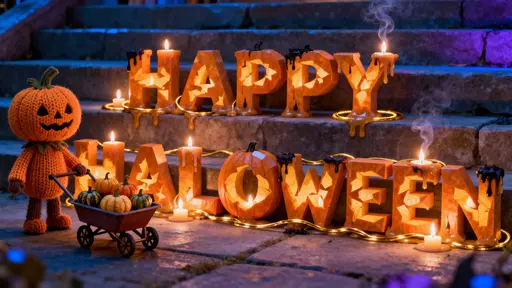 Pumpkin-letter Halloween lantern scene with knit character