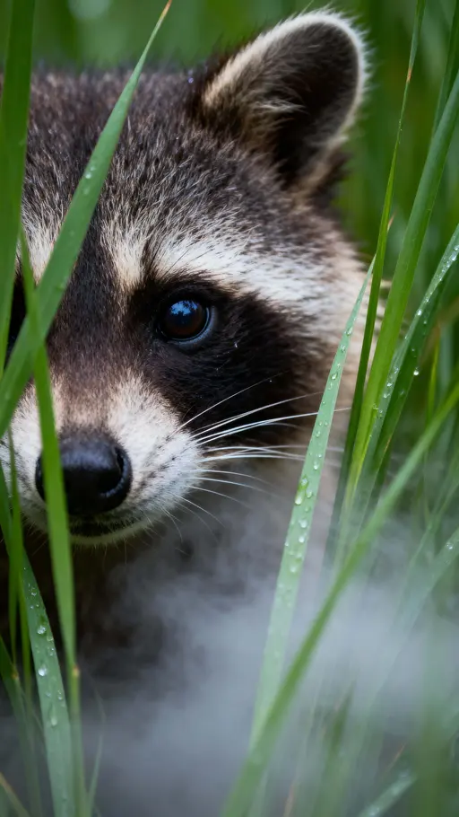 Raccoon in Misty Grass Portrait