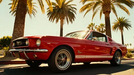 Red Mustang beneath California Palm Trees