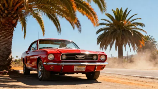 Red Mustang beneath California Palm Trees