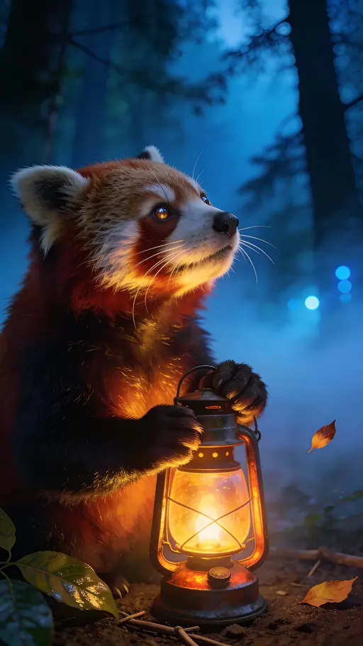 Red Panda with Lantern, Photoreal Twilight Mood