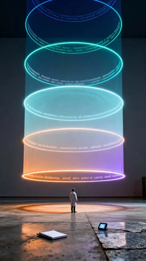 Researcher beside rising glowing ripple rings