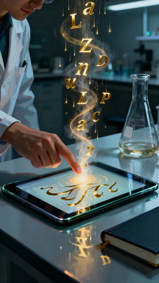 researcher with tablet and text-fountain