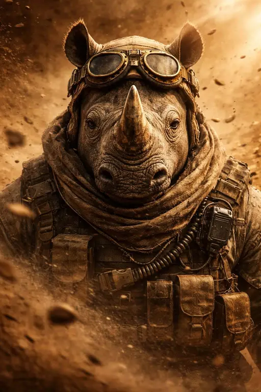 Rhino Soldier Portrait in Desert Sandstorm