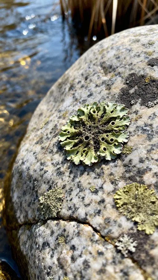 River stone lichen rosette macro study