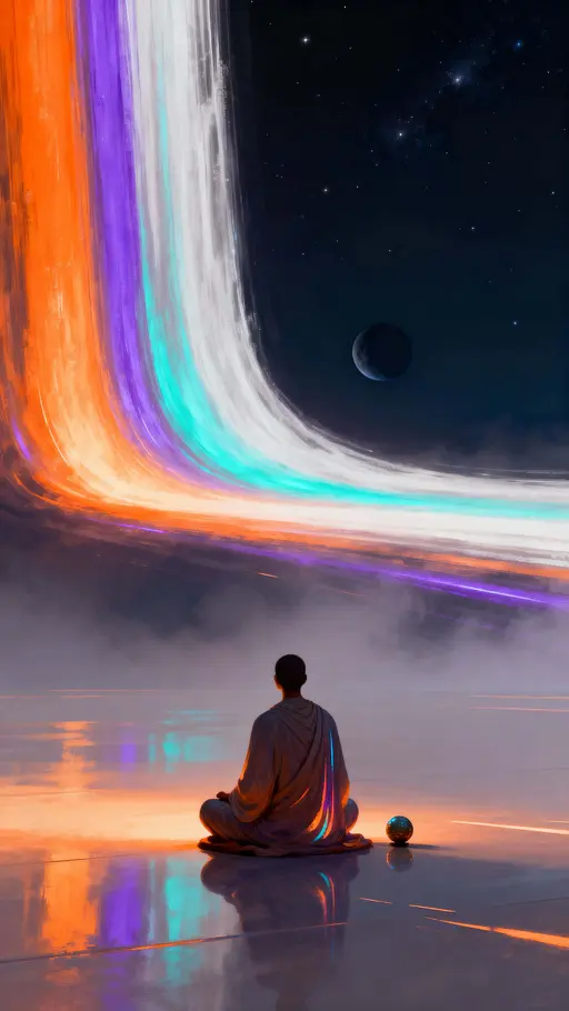 Robed figure before luminous cosmic cascade