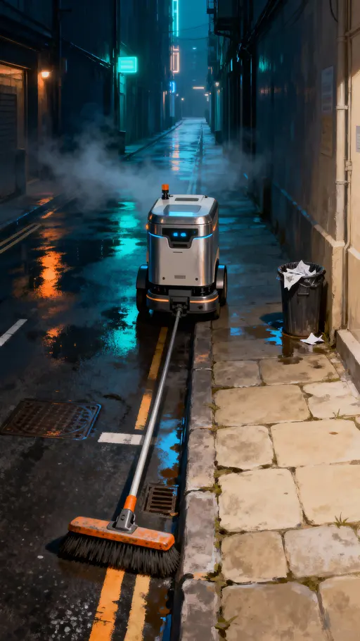 Robot cleaning street at night