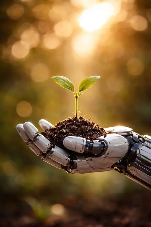 robotic-hand with seedling macro photograph