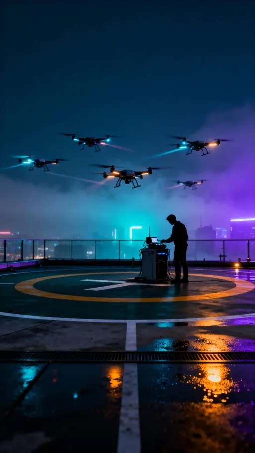 Rooftop drones at night, vertical scene