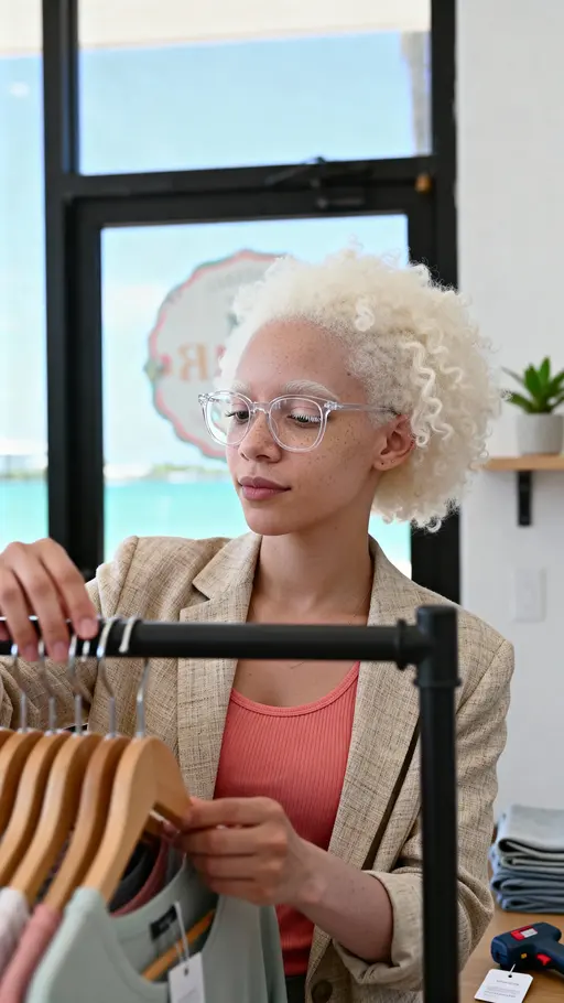 Rosa Afro-Latinx boutique owner half-body
