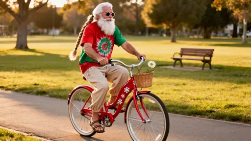 Santa Claus hippie on bicycle in park