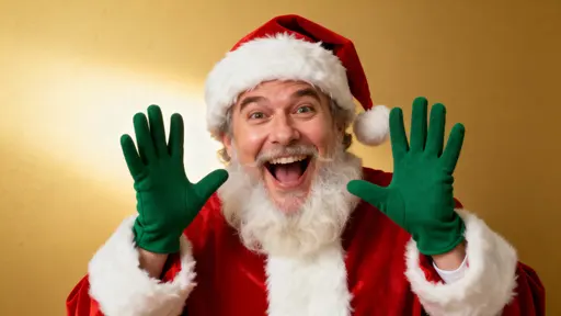 Santa presenting joyful pose in golden studio