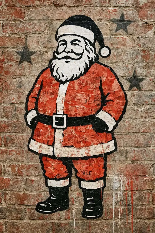 Santa stencil on brick wall