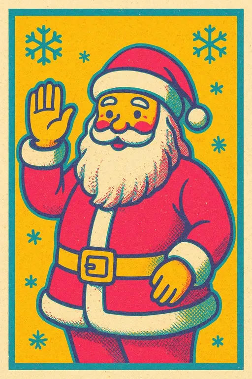 Santa waving risograph pop print