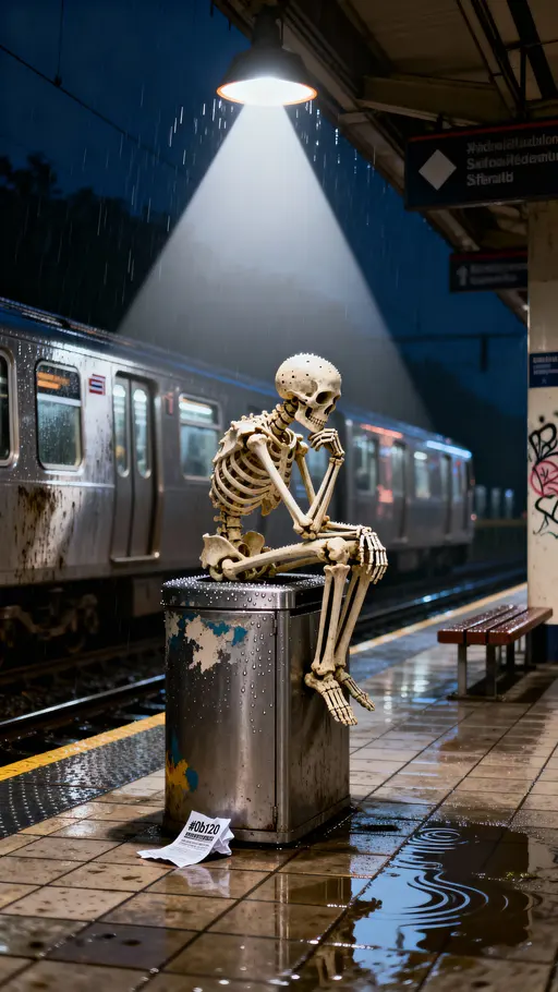 skeleton thinker on metro platform