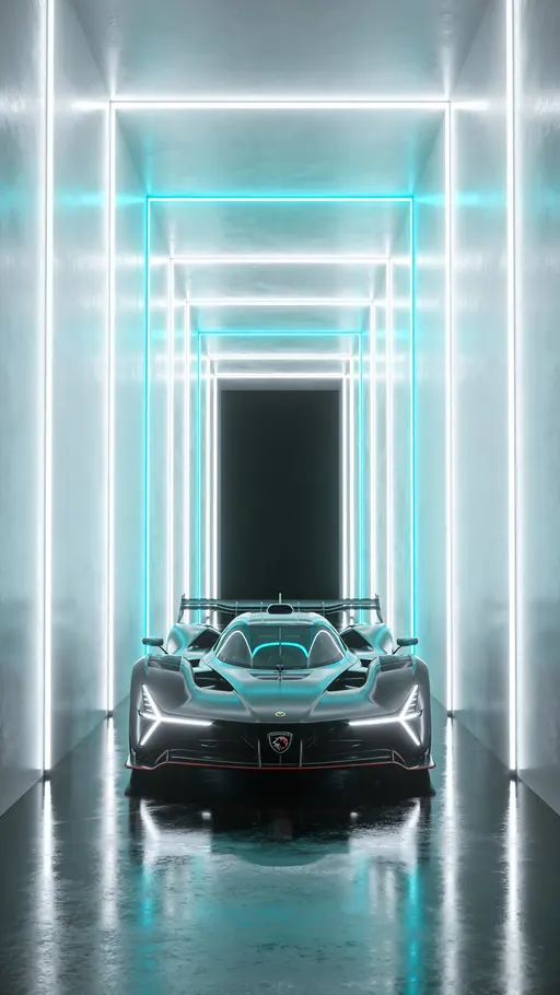 Sleek race car in light tunnel