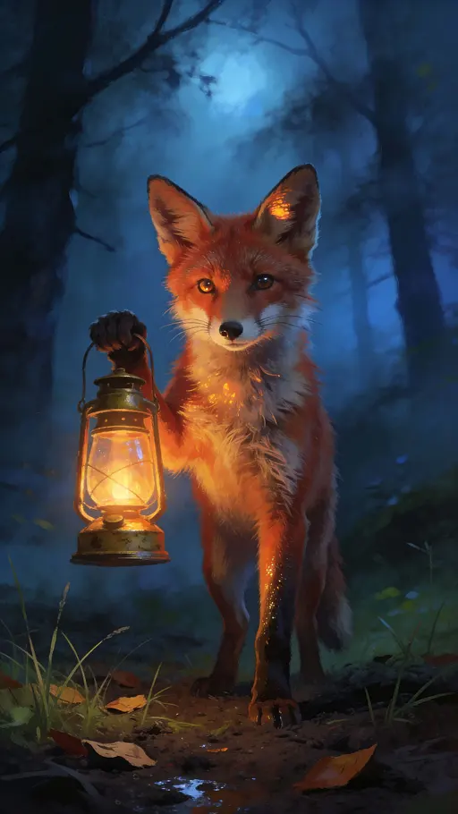 Small fox with lantern, misty realism