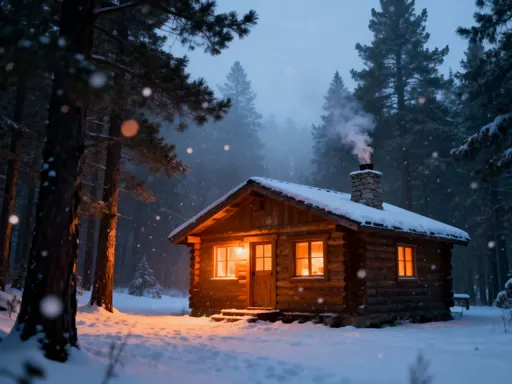 Snowy Cabin at Twilight