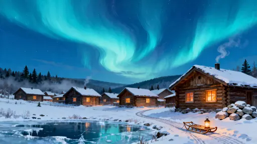 Snowy village with aurora sky