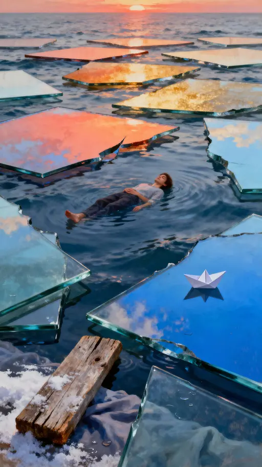 Solitary figure drifting above glass ocean