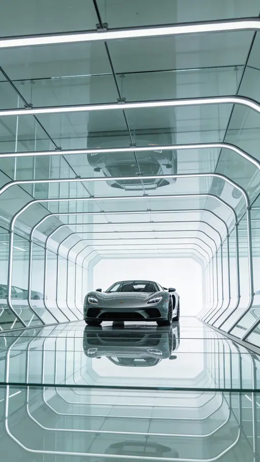 Sports car in glass tunnel studio