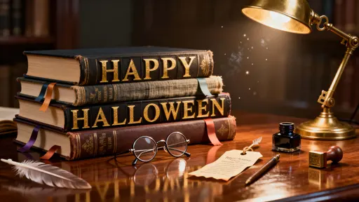 Stacked-book-spine Halloween polished-wood tabletop scene