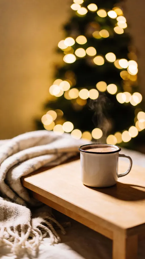 Steaming cup on wooden table Christmas night