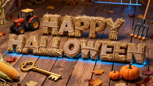 Straw-bale Halloween harvest display on barn floor