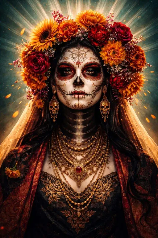 sugar-skull figure floral headdress portrait