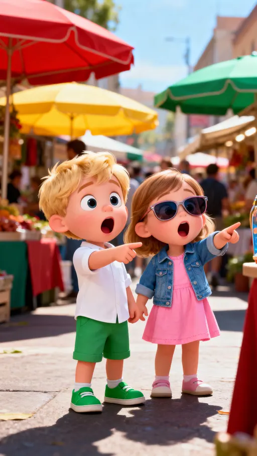 Surprised Toddlers at a Vibrant Street Market