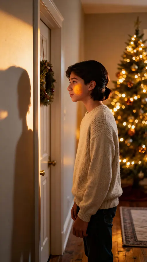Teen at Door, Warm Christmas Anticipation